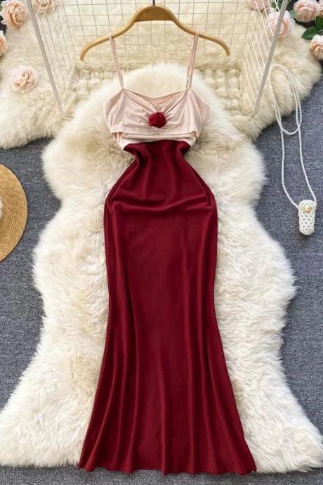 Elegant Burgundy Satin Halter Neck Evening Gown