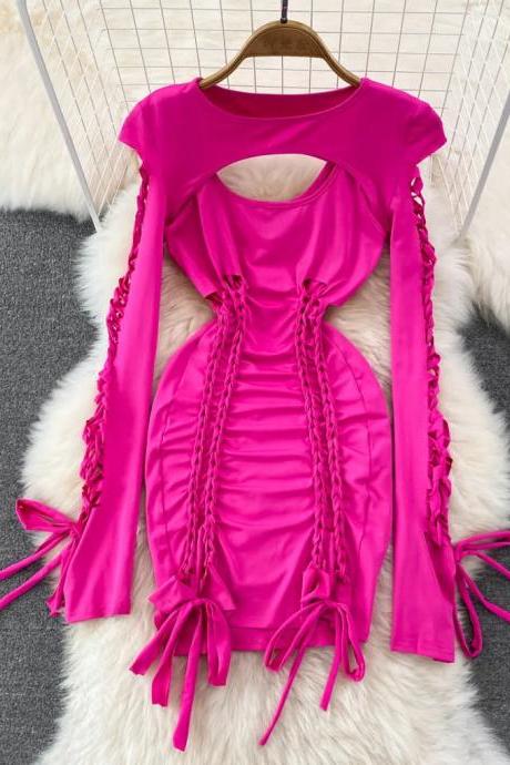 Womens Pink Braided Sleeve Bodycon Dress