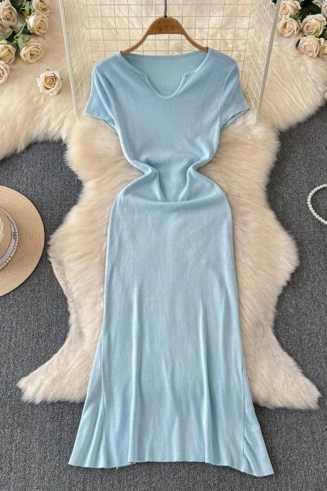 Elegant Sky Blue Midi Dress With Short Sleeves