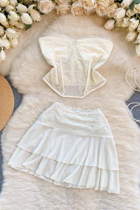 Elegant Bridal Lace Corset With Ruffled Skirt Set