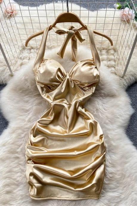 Elegant Gold Satin Halter Neck Mini Dress