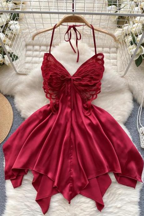 Elegant Red Silk Butterfly Sleeve Dress With Asymmetric Hem