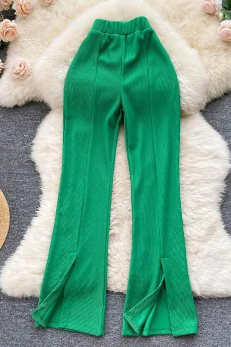Womens High-waisted Green Ribbed Flare Pants Casual