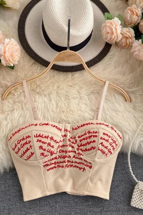 Embroidered Script Bustier Crop Top With Adjustable Straps