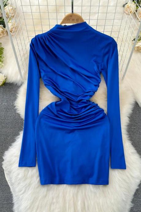 Elegant Royal Blue Ruched Turtleneck Long Sleeve Dress