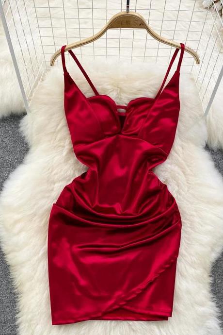 Elegant Satin Cowl Neck Slip Dress In Red
