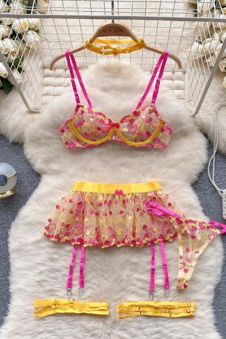 Womens Floral Lace Bralette And Mini Skirt Garter Set