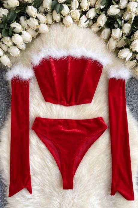 Foamlina Sexy Erotic Three Pieces Sets Women Fashon Faux Fur Trimed Strapless Crop Tube Top Panties And Sleeves Matching Suits