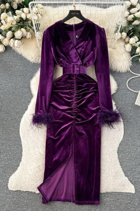 Luxurious Velvet Long Dress With Fur Trim Sleeves