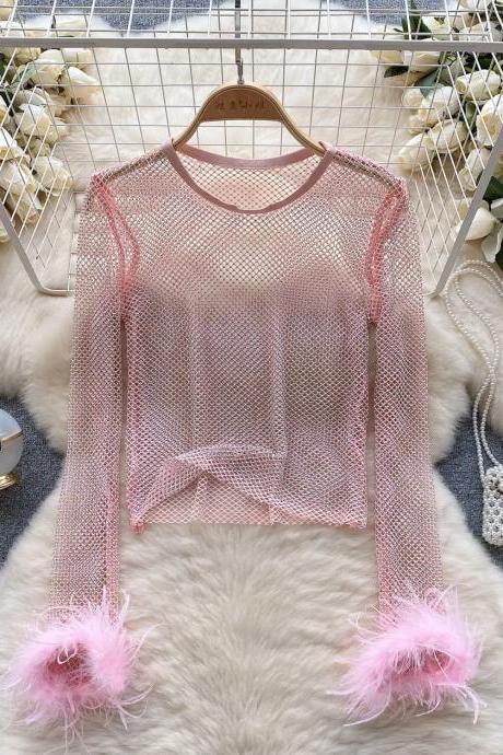 Womens Sheer Pink Mesh Top With Feathered Sleeve Detail