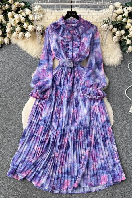 Elegant Pleated High-neck Long Sleeve Floral Maxi Dress