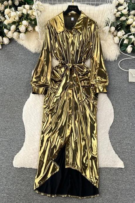 Luxurious Gold Satin Belted Maxi Shirt Dress Fashion