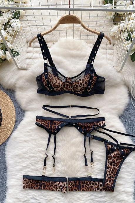Leopard Print Lingerie Set With Garter Belt And Stockings