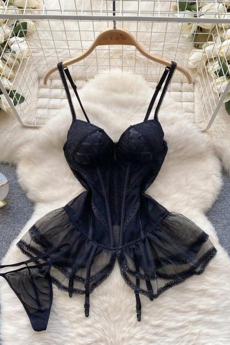 Black Lace Corset-style Bodysuit With Tulle Detail