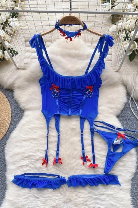 Womens Blue Ruffled Lingerie With Garters And Bows