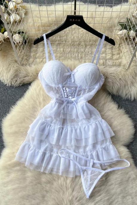 White Lace Corset Top And Ruffled Skirt Lingerie Set
