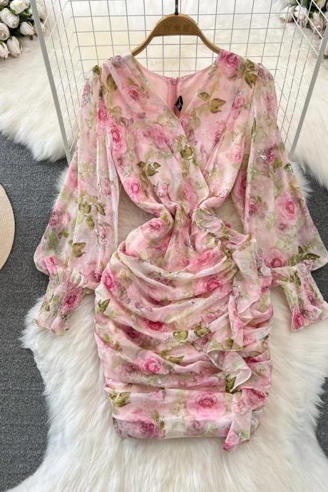 Floral Print Sheer Wrap V-neck Dress With Ruffles