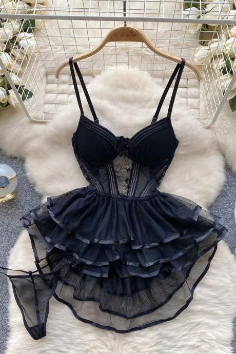 Womens Elegant Black Ruffled Lace Lingerie Set