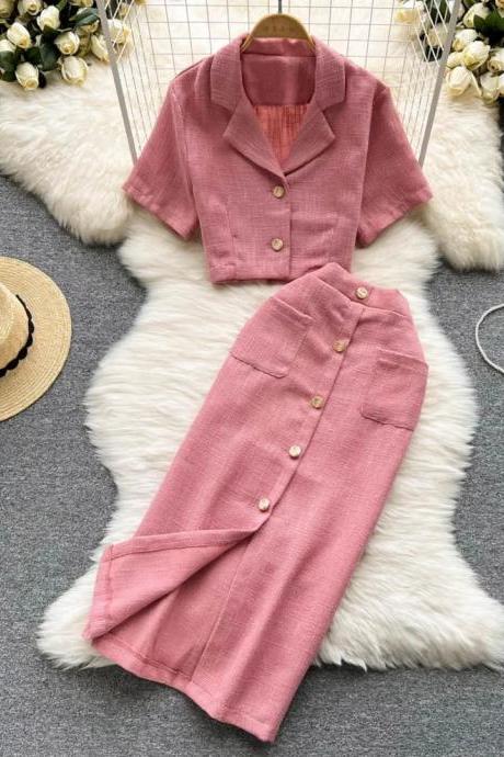 Womens Casual Pink Linen Shirt And Skirt Set
