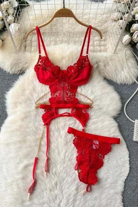 Sexy Red Lace Lingerie Set With Garter Belt
