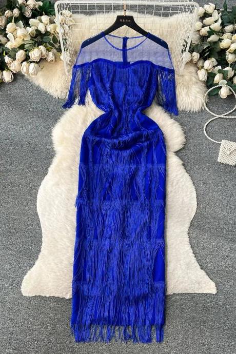 Elegant Royal Blue Tassel Evening Gown With Sheer Overlay