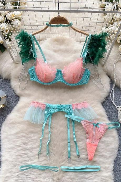 Womens Feather Accents Lingerie Set With Garter Belt