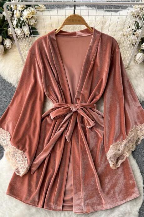 Womens Velvet Robe With Lace Trim And Tie Waist
