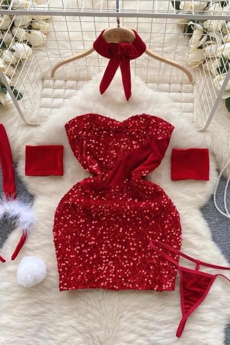 Sequined Red Halter Dress With Bunny Ears Accessory Set