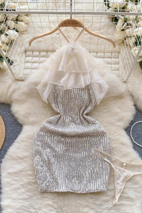Elegant Sequin Cocktail Dress With Tulle Ruffles And Accessories
