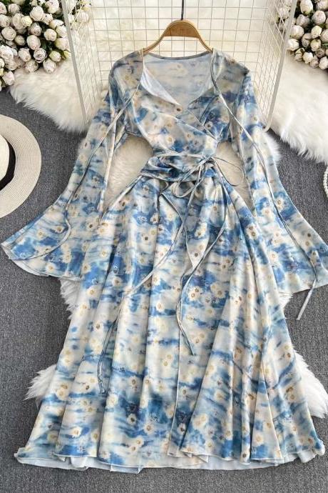 Womens Floral Print Chiffon Wrap Dress With Flutter Sleeves