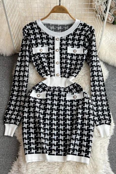 Womens Elegant Houndstooth Knit Sweater And Skirt Set