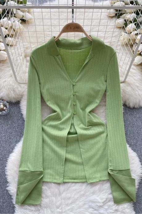 Womens Light Green Ribbed Knit Cardigan With Buttons