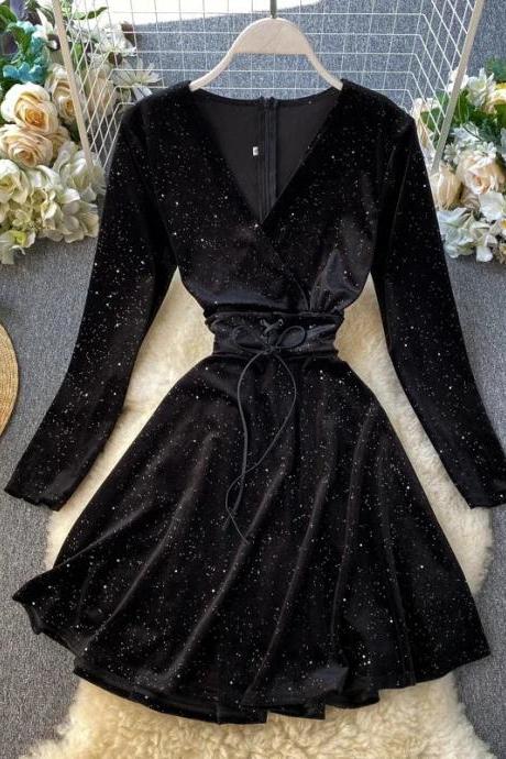 Elegant Long-sleeve V-neck Black Glitter Skater Dress