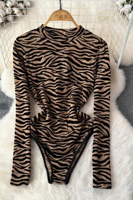 Womens Long Sleeve Zebra Print Bodysuit With High Neck