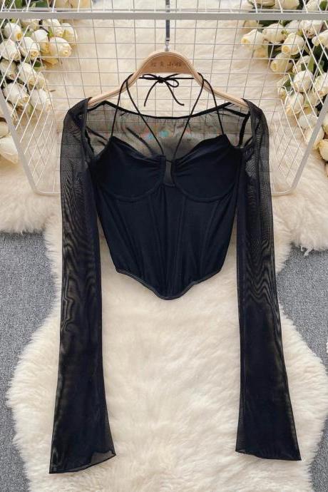 Sheer Sleeve Bodysuit With Velvet Accents Black