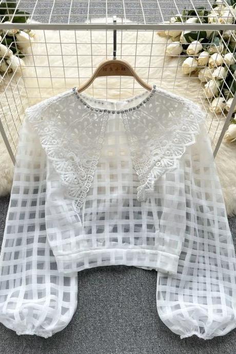 Elegant Sheer Lace Checkered Pattern Bell Sleeve Top