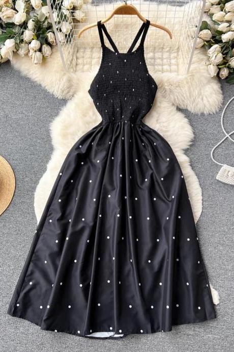 Elegant Black Polka Dot Sleeveless Summer Midi Dress