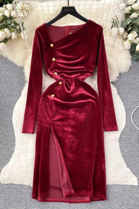 Elegant Burgundy Velvet Dress With Side Slit