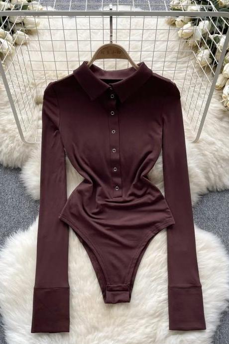 Elegant Burgundy Bodysuit With Collar And Buttons