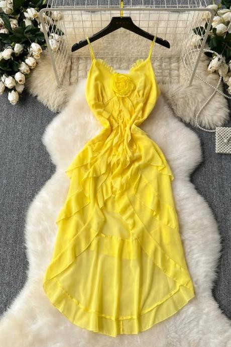Elegant Yellow Ruffle Cocktail Dress With Rose Detail