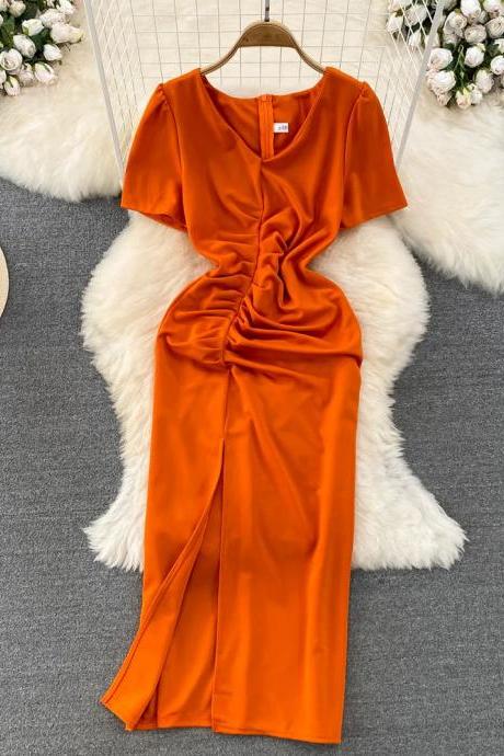 Elegant Orange Satin Midi Dress With Ruched Detail