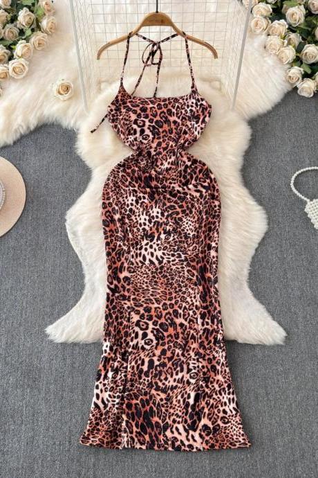 Womens Leopard Print Halter Neck Summer Dress