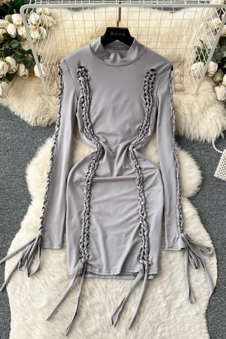 Womens Long-sleeve Braided Detail Bodycon Dress Gray
