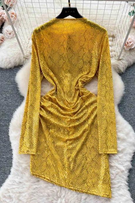 Elegant Long Sleeve Gold Sequin Party Dress