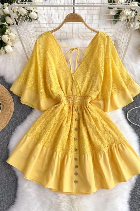 Womens Yellow Lace V-neck Short Sleeve Romper Dress