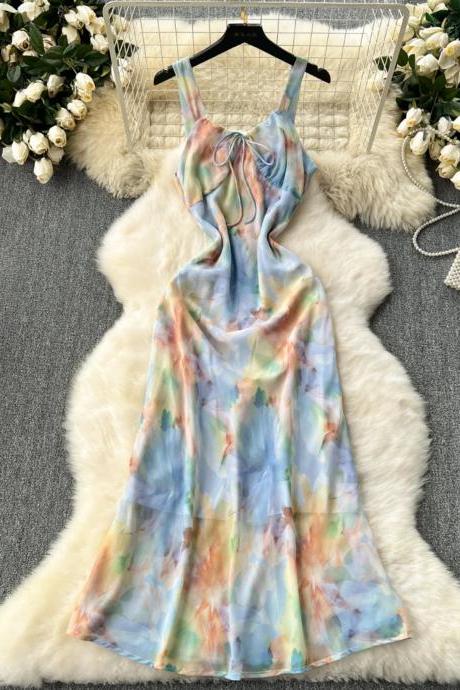 Womens Tie-front Sleeveless Summer Dress Watercolor Print