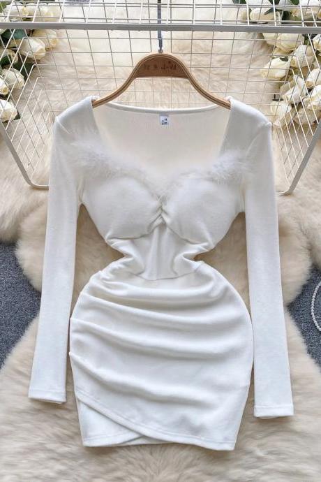 Elegant Long Sleeve Feather Detail White Mini Dress