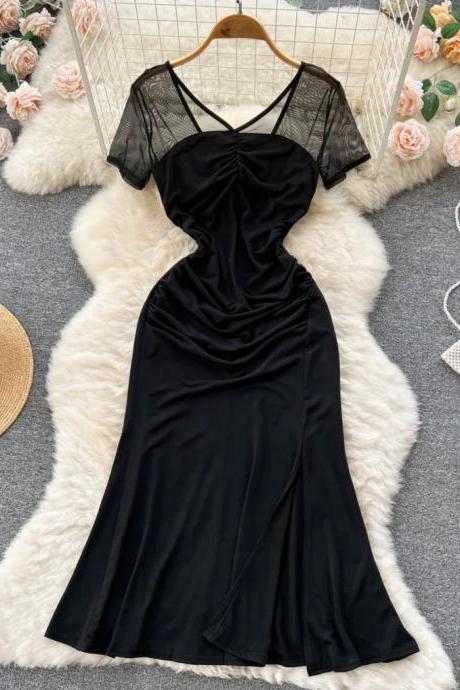 Elegant Black Satin Cocktail Dress With Sheer Sleeves