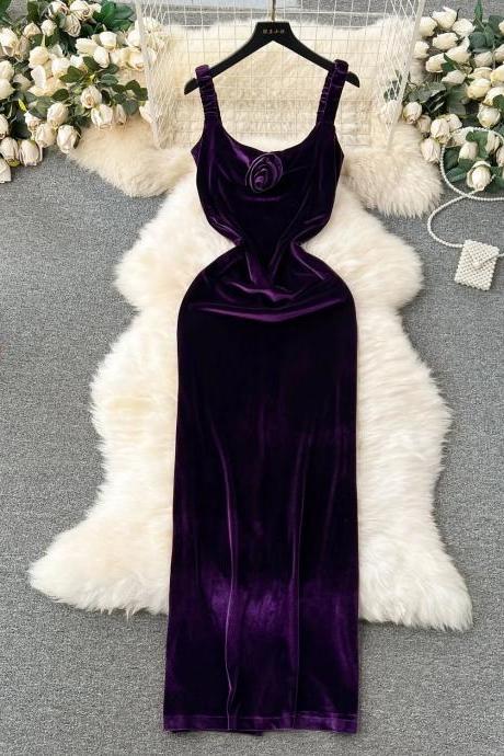 Elegant Velvet Sleeveless Maxi Dress With Rose Detail