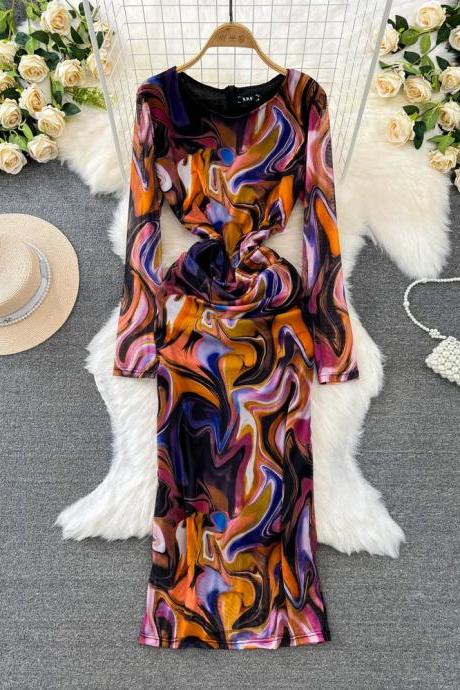 Womens Long Sleeve Abstract Print Maxi Dress Elegant